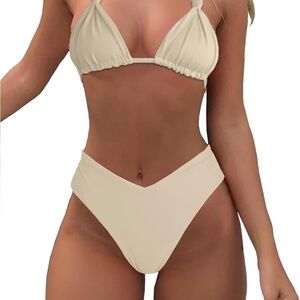 V-Front Cream Triangle Bikini Set - Women Swim